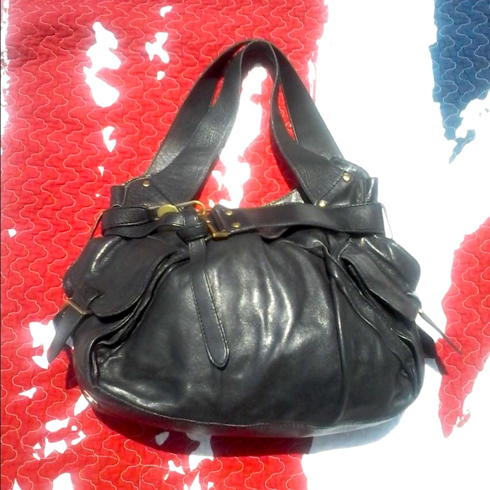 Kooba Rogue NY New York Contemporary Avant Guard Black Leather Brass Biker Hobo